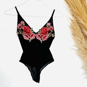 LF SEEK LABEL Black Mesh Pink Red Floral Embroidery Sheer Bodysuit Tank Top S